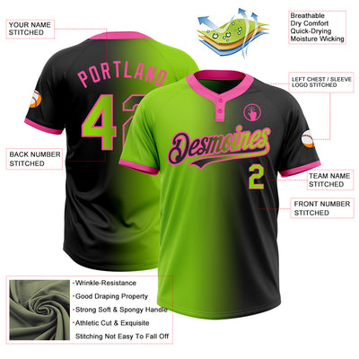 Custom Black Neon Green-Pink Gradient Fashion Two-Button Unisex Softball Jersey