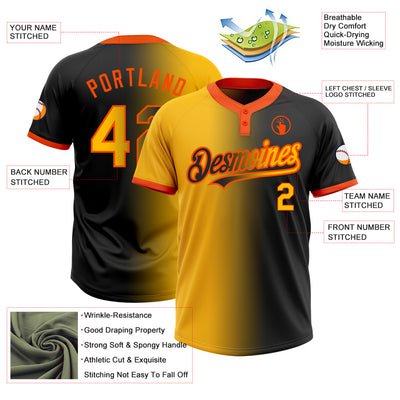 Custom Black Gold-Orange Gradient Fashion Two-Button Unisex Softball Jersey