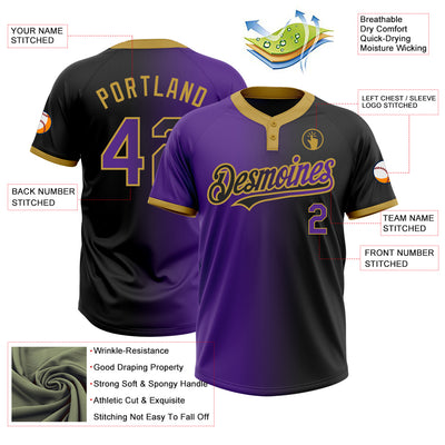 Custom Black Purple-Old Gold Gradient Fashion Two-Button Unisex Softball Jersey