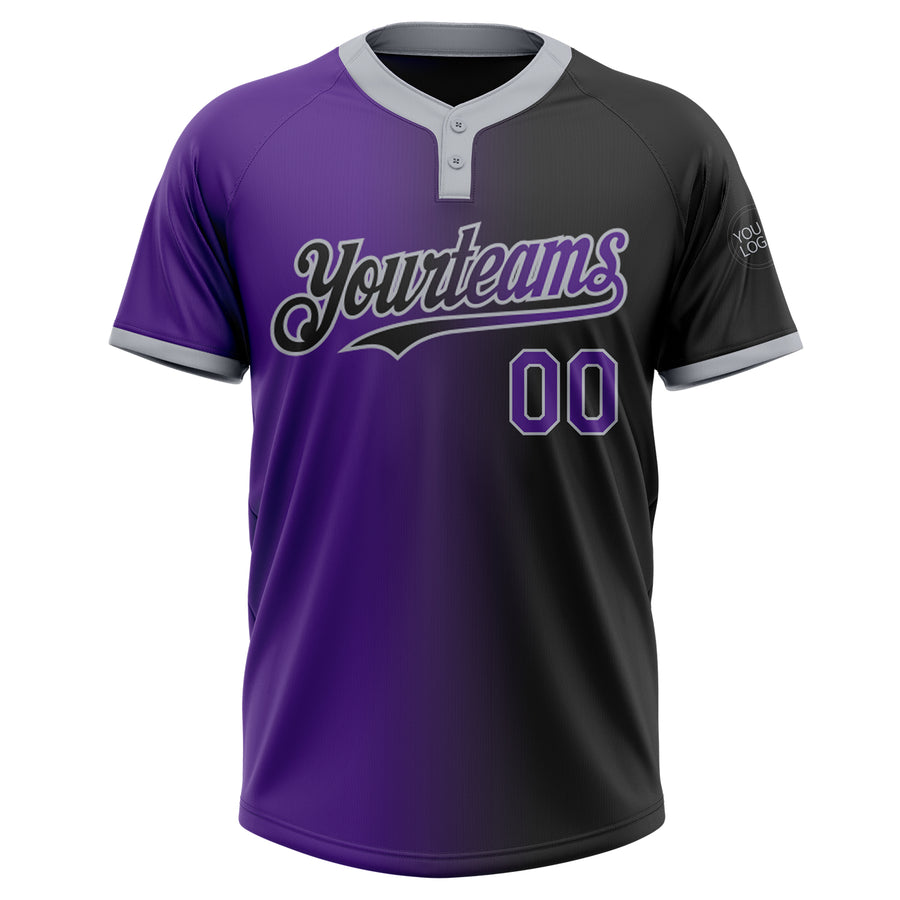 Custom Black Purple-Gray Gradient Fashion Two-Button Unisex Softball Jersey