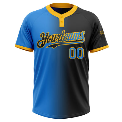 Custom Black Electric Blue-Gold Gradient Fashion Two-Button Unisex Softball Jersey