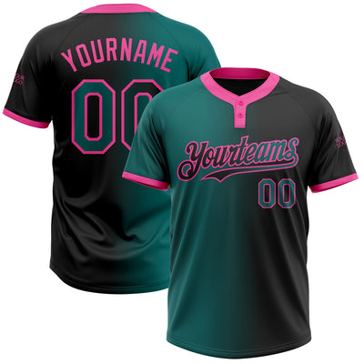 Custom Black Teal-Pink Gradient Fashion Two-Button Unisex Softball Jersey