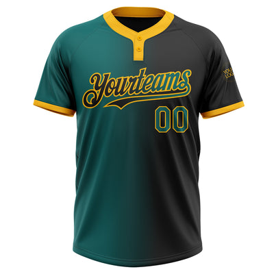 Custom Black Teal-Gold Gradient Fashion Two-Button Unisex Softball Jersey