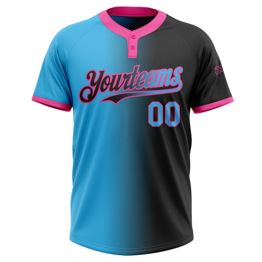 Custom Black Sky Blue-Pink Gradient Fashion Two-Button Unisex Softball Jersey