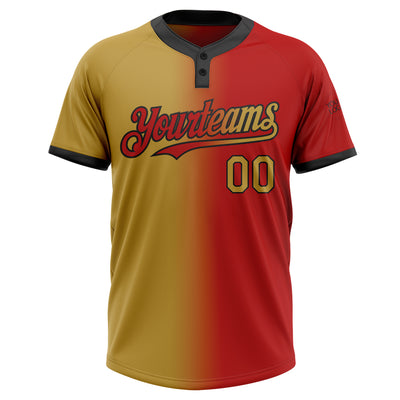 Custom Red Old Gold-Black Gradient Fashion Two-Button Unisex Softball Jersey