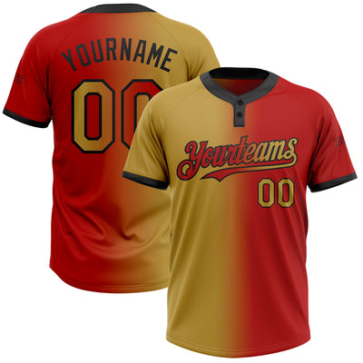 Custom Red Old Gold-Black Gradient Fashion Two-Button Unisex Softball Jersey