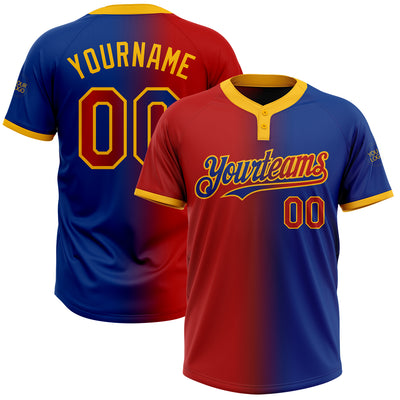 Custom Royal Red-Gold Gradient Fashion Two-Button Unisex Softball Jersey