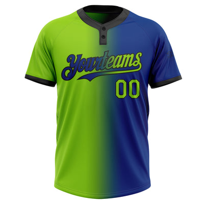 Custom Royal Neon Green-Black Gradient Fashion Two-Button Unisex Softball Jersey