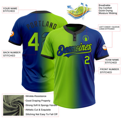 Custom Royal Neon Green-Black Gradient Fashion Two-Button Unisex Softball Jersey