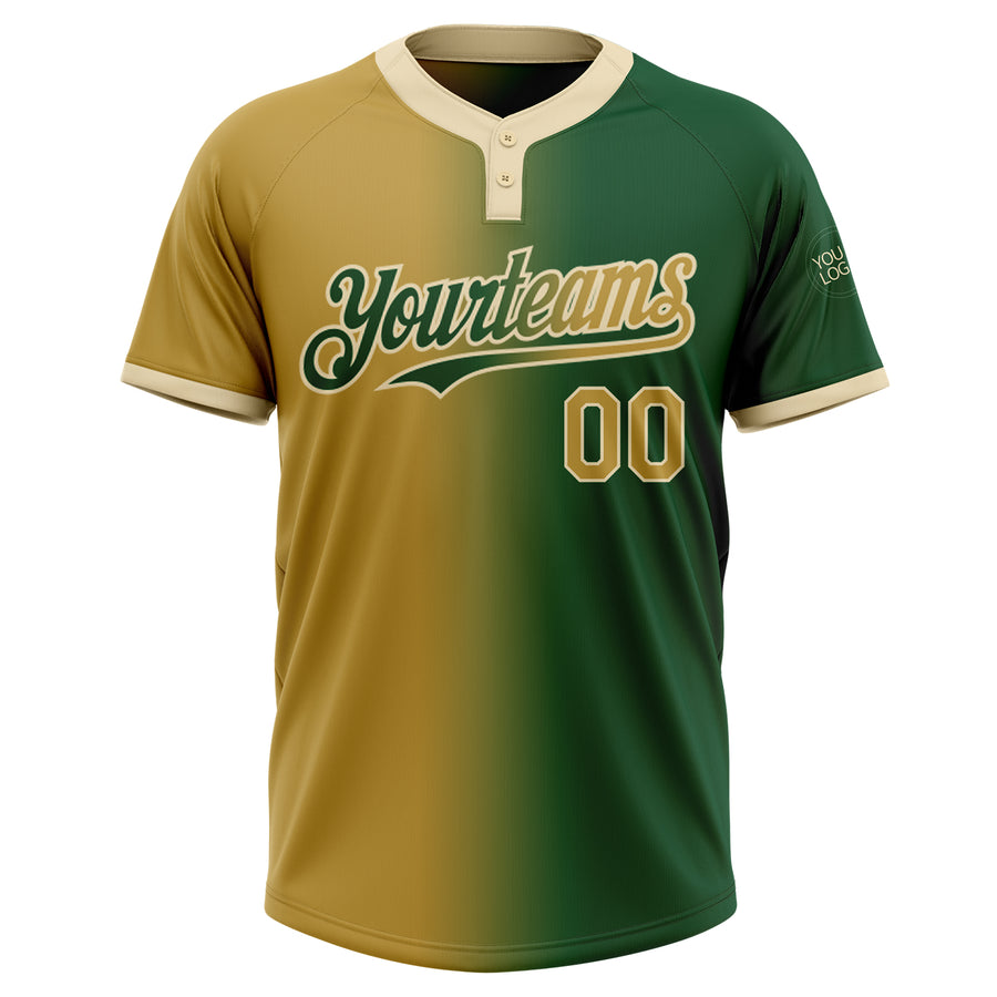 Custom Green Old Gold-Cream Gradient Fashion Two-Button Unisex Softball Jersey