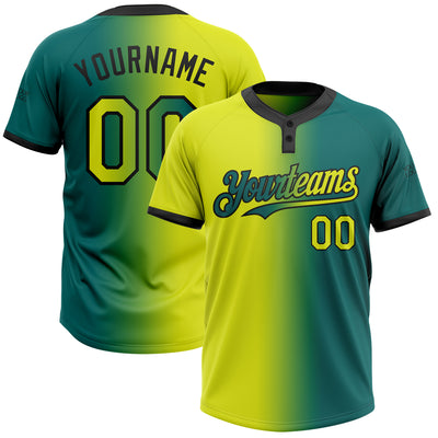 Custom Teal Neon Yellow-Black Gradient Fashion Two-Button Unisex Softball Jersey