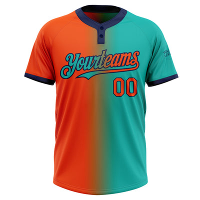 Custom Aqua Orange-Navy Gradient Fashion Two-Button Unisex Softball Jersey