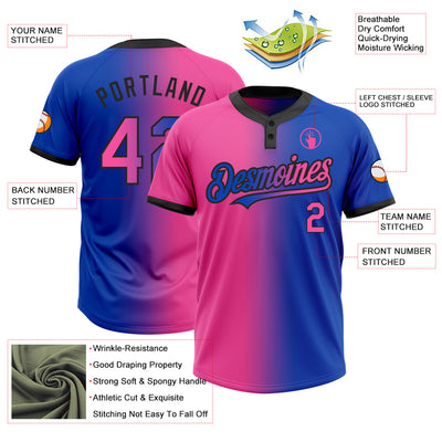 Custom Thunder Blue Pink-Black Gradient Fashion Two-Button Unisex Softball Jersey