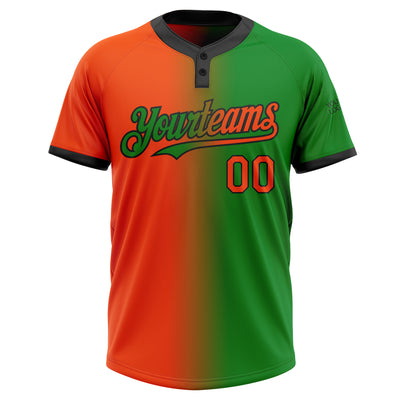 Custom Grass Green Orange-Black Gradient Fashion Two-Button Unisex Softball Jersey