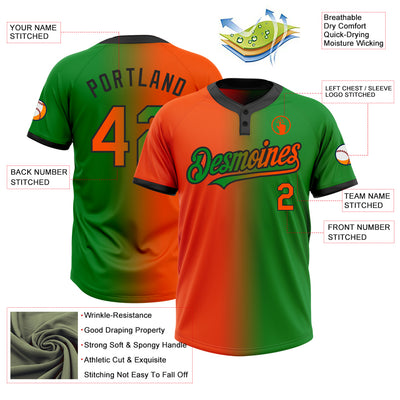 Custom Grass Green Orange-Black Gradient Fashion Two-Button Unisex Softball Jersey