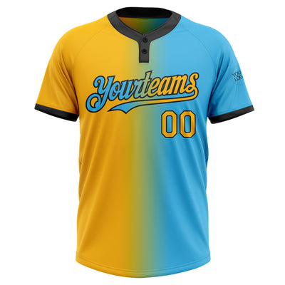 Custom Sky Blue Gold-Black Gradient Fashion Two-Button Unisex Softball Jersey