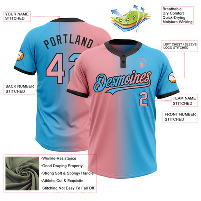 Custom Sky Blue Medium Pink-Black Gradient Fashion Two-Button Unisex Softball Jersey