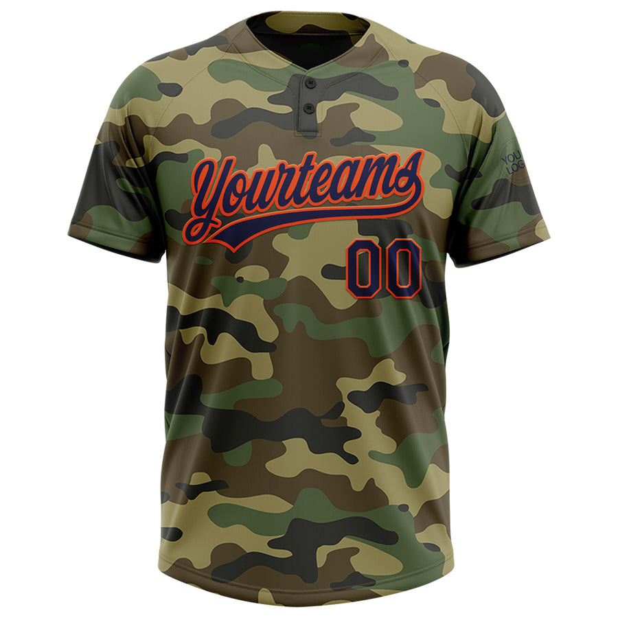 Custom Camo Navy-Orange Salute To Service Two-Button Unisex Softball Jersey