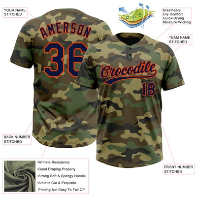 Custom Camo Navy-Orange Salute To Service Two-Button Unisex Softball Jersey