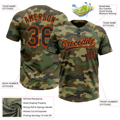 Custom Camo Black-Orange Salute To Service Two-Button Unisex Softball Jersey