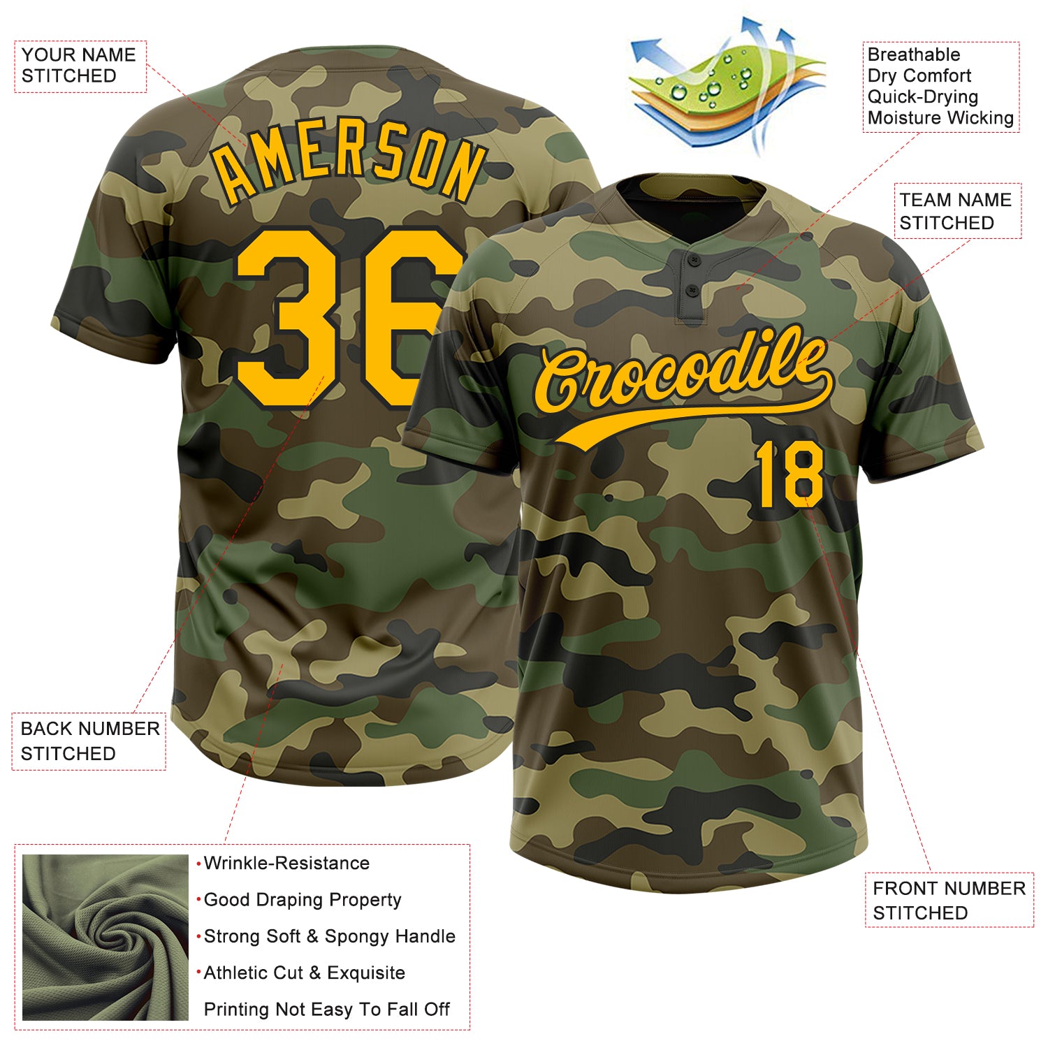 Custom Camo Gold-Black Salute To Service Two-Button Unisex Softball Jersey