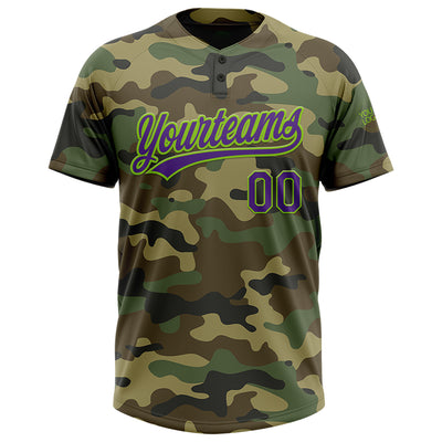 Custom Camo Purple-Neon Green Salute To Service Two-Button Unisex Softball Jersey