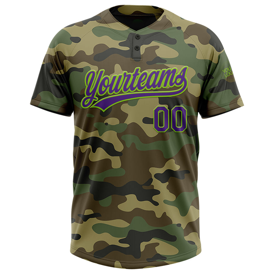 Custom Camo Purple-Neon Green Salute To Service Two-Button Unisex Softball Jersey