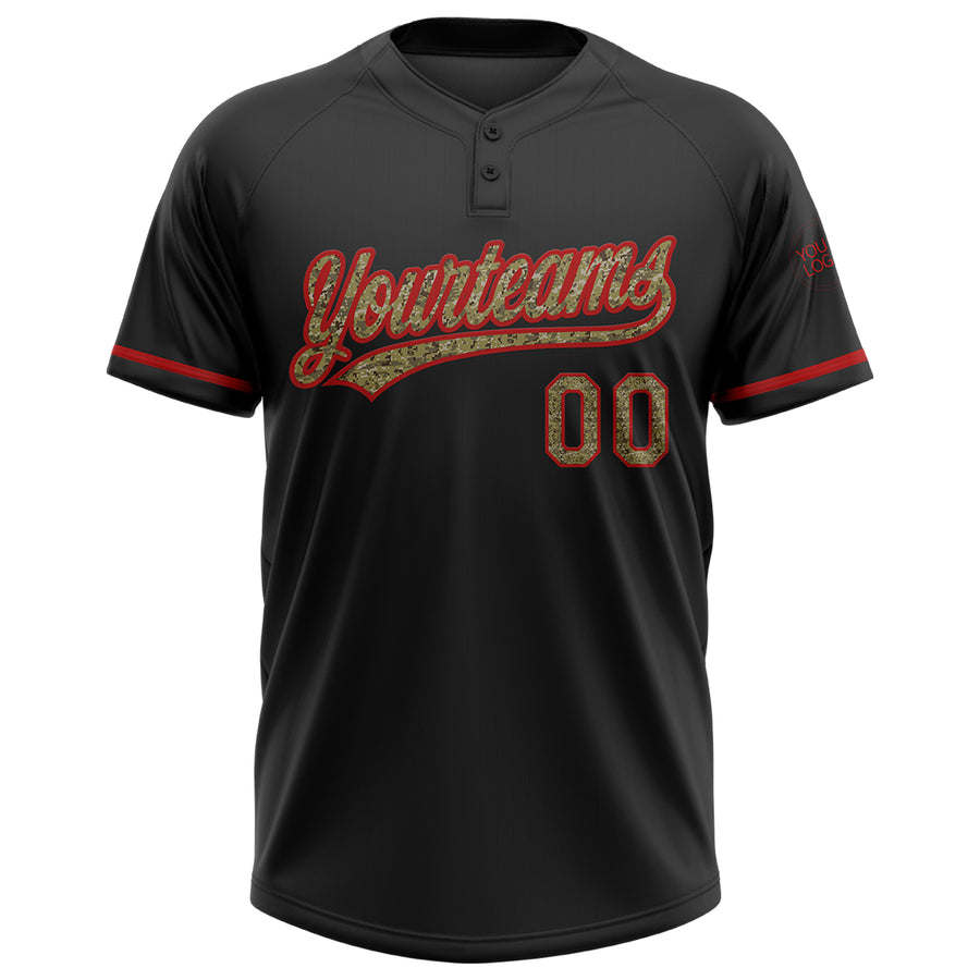 Custom Black Camo-Red Two-Button Unisex Softball Jersey