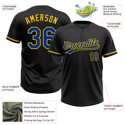 Custom Black Royal-Yellow Two-Button Unisex Softball Jersey