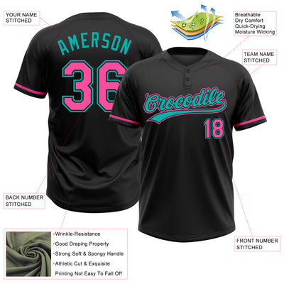 Custom Black Pink-Aqua Two-Button Unisex Softball Jersey