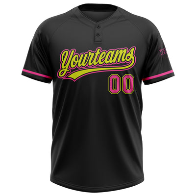 Custom Black Pink-Neon Yellow Two-Button Unisex Softball Jersey