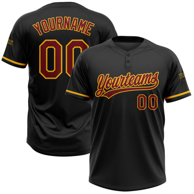 Custom Black Maroon-Gold Two-Button Unisex Softball Jersey