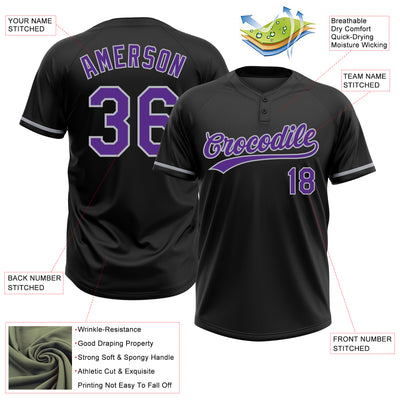 Custom Black Purple-Gray Two-Button Unisex Softball Jersey