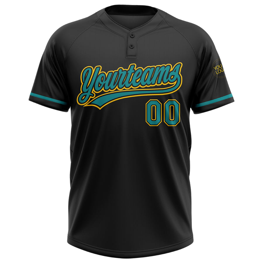 Custom Black Teal-Yellow Two-Button Unisex Softball Jersey