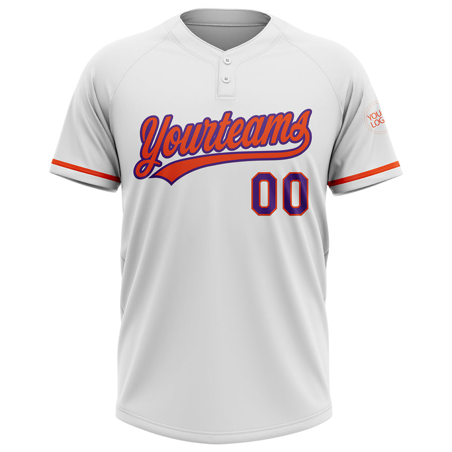 Custom White Purple-Orange Two-Button Unisex Softball Jersey