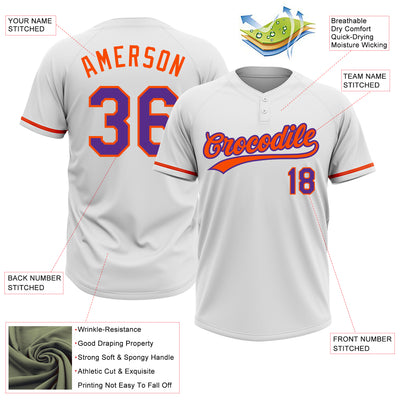 Custom White Purple-Orange Two-Button Unisex Softball Jersey