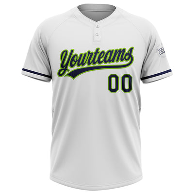 Custom White Navy-Neon Green Two-Button Unisex Softball Jersey