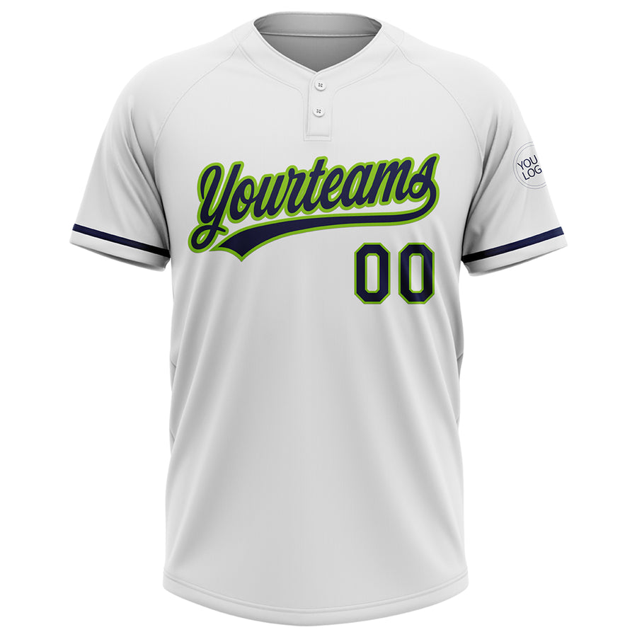 Custom White Navy-Neon Green Two-Button Unisex Softball Jersey