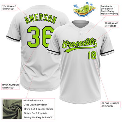 Custom White Neon Green-Black Two-Button Unisex Softball Jersey