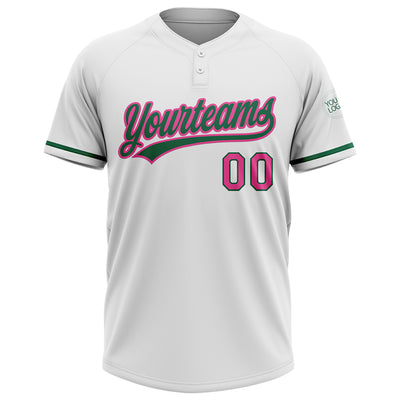 Custom White Pink-Kelly Green Two-Button Unisex Softball Jersey