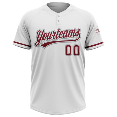 Custom White Crimson-Gray Two-Button Unisex Softball Jersey