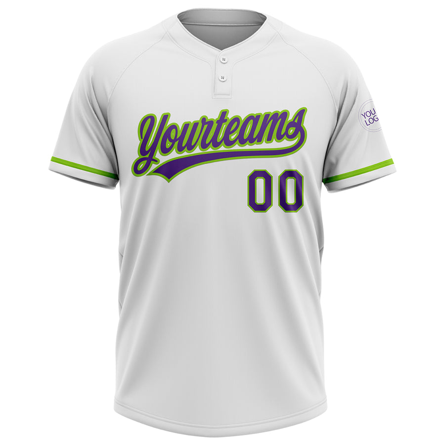 Custom White Purple-Neon Green Two-Button Unisex Softball Jersey