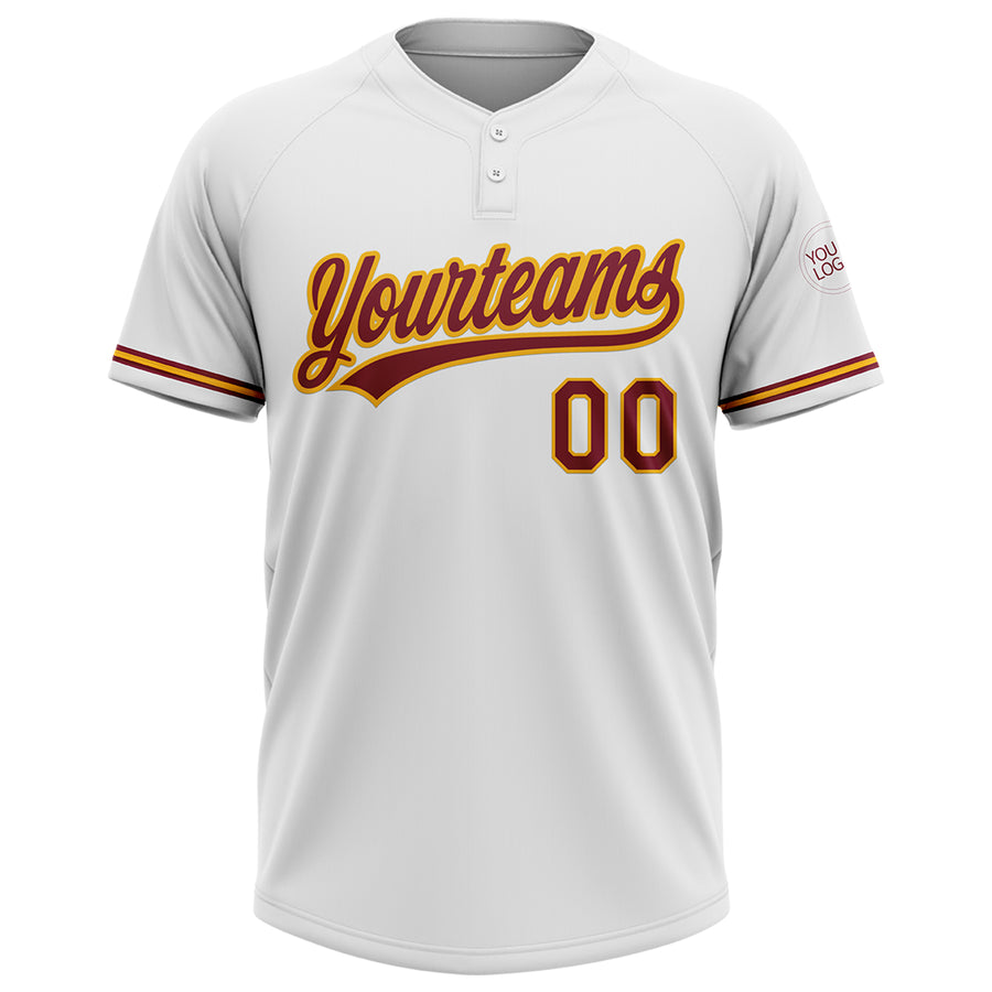 Custom White Crimson-Gold Two-Button Unisex Softball Jersey