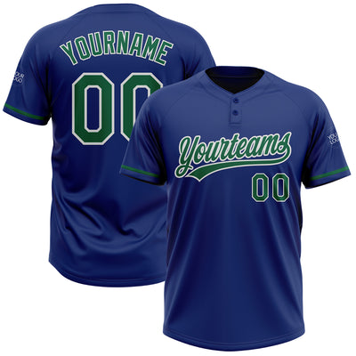 Custom Royal Kelly Green-White Two-Button Unisex Softball Jersey