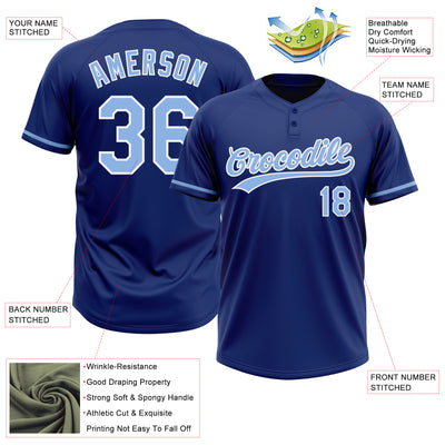 Custom Royal Light Blue-White Two-Button Unisex Softball Jersey