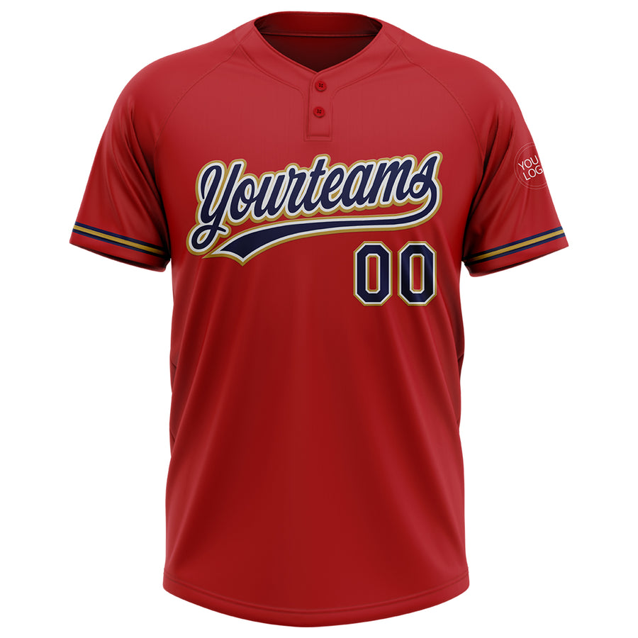 Custom Red Navy-Old Gold Two-Button Unisex Softball Jersey