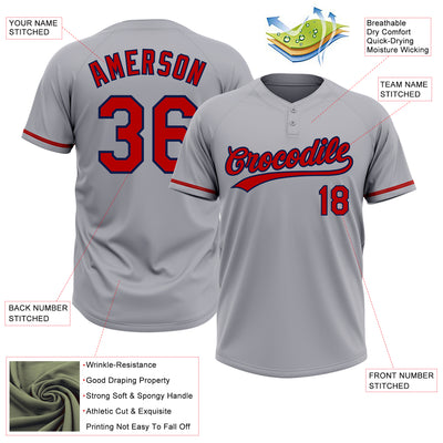 Custom Gray Red-Navy Two-Button Unisex Softball Jersey