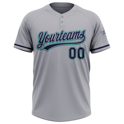 Custom Gray Navy-Teal Two-Button Unisex Softball Jersey