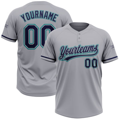 Custom Gray Navy-Teal Two-Button Unisex Softball Jersey