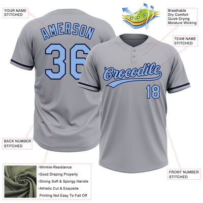 Custom Gray Light Blue-Navy Two-Button Unisex Softball Jersey